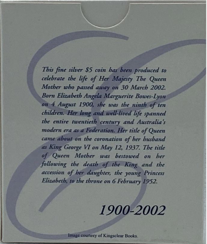 2002 The Queen Mother A celebration of her life 2002 $5 coin SILVER Proof
